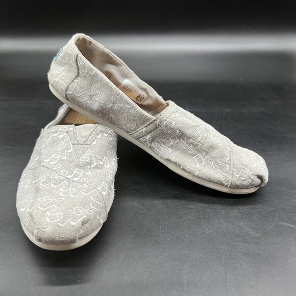 TOMS Musical Notes Canvas Slip-on Shoes Womens Size 9.5 Mocs Music Gray White - Picture 1 of 11
